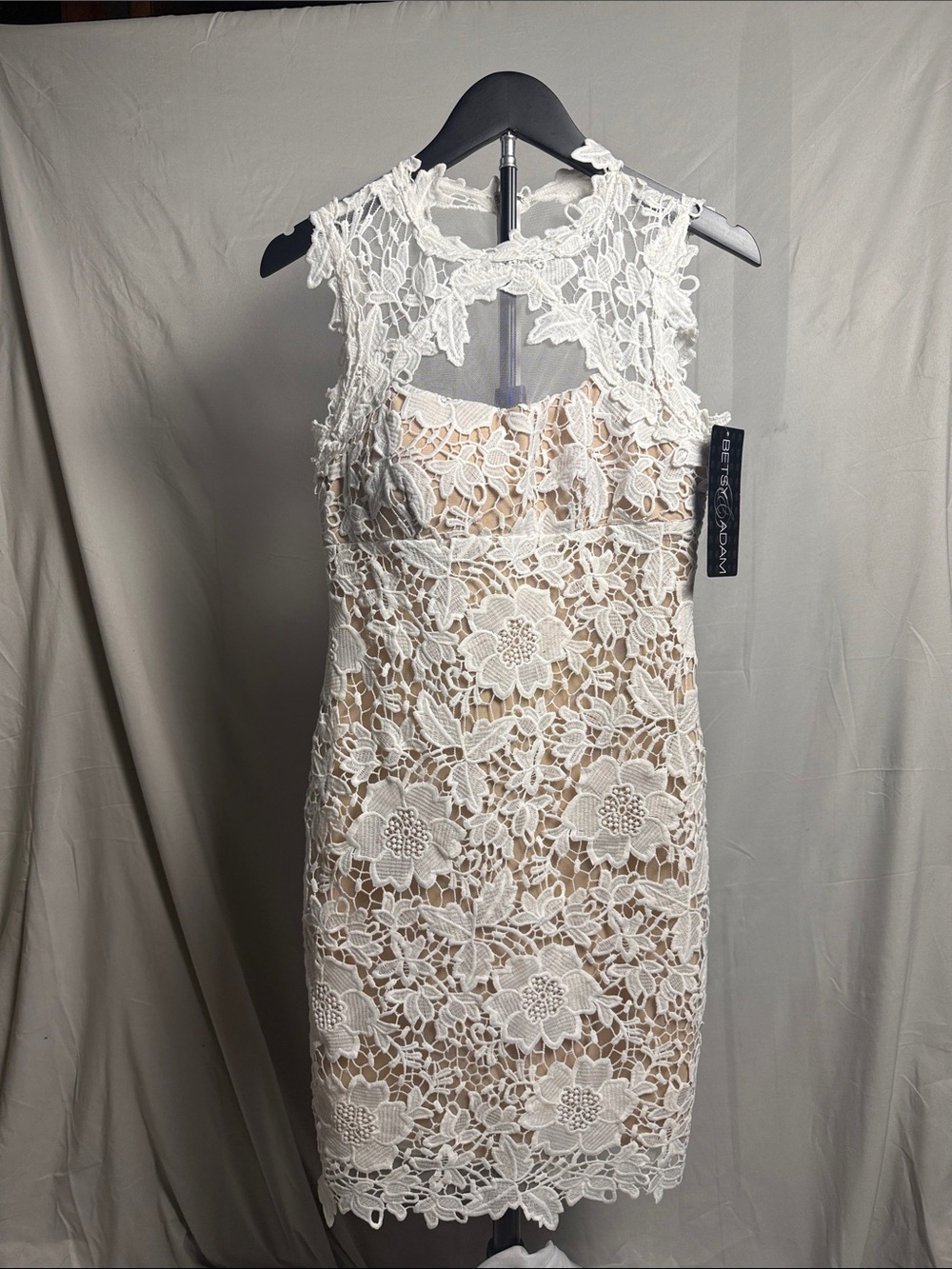 Betsy & Adam White Lace Sheath Dress with Nude Underlay